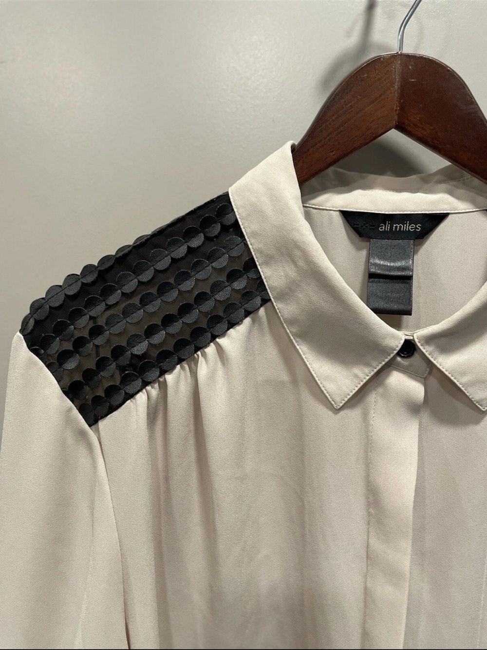 Ali Miles Cream Blouse with Black Sequin Shoulder Panels
